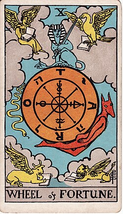 The Wheel of Fortune tarot card from the Rider-Waite-Smith deck